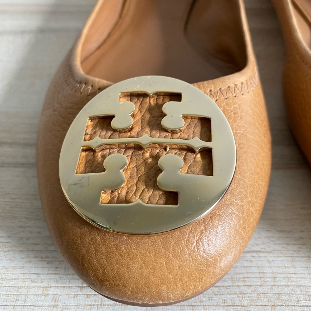 Tory Burch Reva Ballet Flats Leather Royal Tan Size 12 - Picture 7 of 16